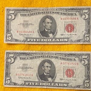 2 Red Seal 1963 Vintage Five Dollar Bills
